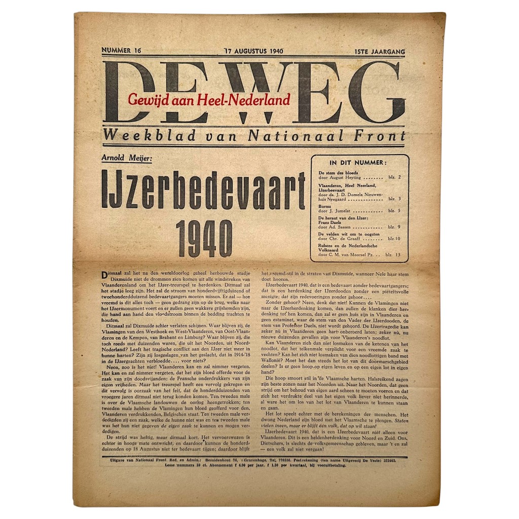 Original 1940 Dutch collaboration newspaper “De Weg – Weekblad van Nationaal Front”, issue no.16 (17 August 1940), featuring IJzerbedevaart 1940 headline, nationalist and Greater Netherlands propaganda articles, WWII occupation-era Dutch collaboration press collectible.