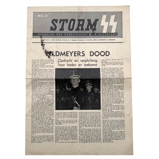 Zeldzaam origineel STORM weekblad maart 1945 – Germaansche SS Nederland krant Feldmeyer dood voorpagina Tweede Wereldoorlog collaboratie propaganda historische krant militaria verzamelobject WW2 Nederland vintage oorlogspapier SS krant.