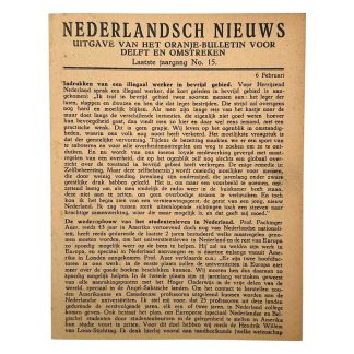 Originele illegale verzetskrant “Nederlandsch Nieuws” (6 februari 1945), Delft – Tweede Wereldoorlog ondergrondse uitgave Oranje-bulletin met berichten uit Den Haag, Jutphaas, Groningen en Friesland, zeldzaam WO2 verzetsdrukwerk voor verzamelaars uit Delft.