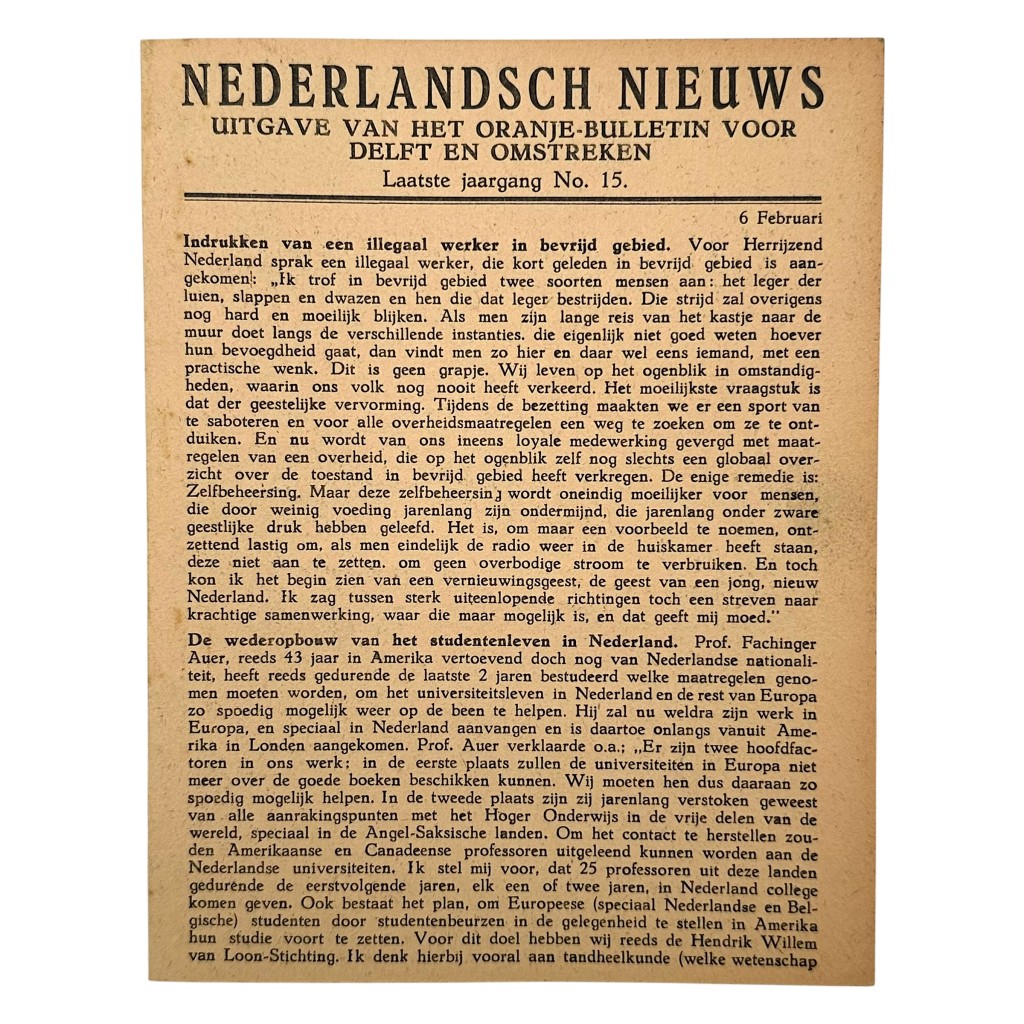 Originele illegale verzetskrant “Nederlandsch Nieuws” (6 februari 1945), Delft – Tweede Wereldoorlog ondergrondse uitgave Oranje-bulletin met berichten uit Den Haag, Jutphaas, Groningen en Friesland, zeldzaam WO2 verzetsdrukwerk voor verzamelaars uit Delft.