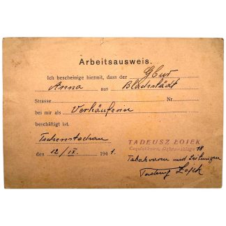 WW2 German Arbeitsausweis 1941 Tschenstochau Częstochowa work permit Anna Glow Verkäuferin, General Government occupation document, Tadeusz Łojek Dąbrowskiego 18 tobacco and newspaper shop stamp, original WWII employment ID paper, militaria collectible.