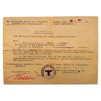 WW2 German Luftschutz Ausweis 1944 Krakau Schutzpolizei ID pass Roman Ryniewicz, General Government Poland occupation document, Franziskanergasse 1 Kraków, stamped and signed, original WWII paper identification for glazier work leader, militaria collectible.