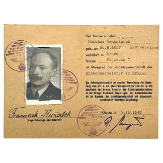 Original WWII German Ausweis Gruppe Handwerk in der Zentralkammer für die Gesamtwirtschaft im Generalgouvernement in Krakow in Poland
