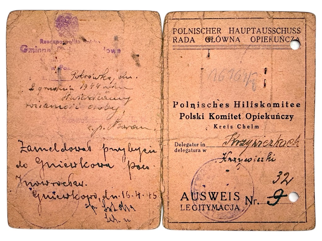 Original WWII German Ausweis / Legitymacja Polnischer Hauptausschuss – Rada Główna Opiekuńcza - Karolinów in Poland