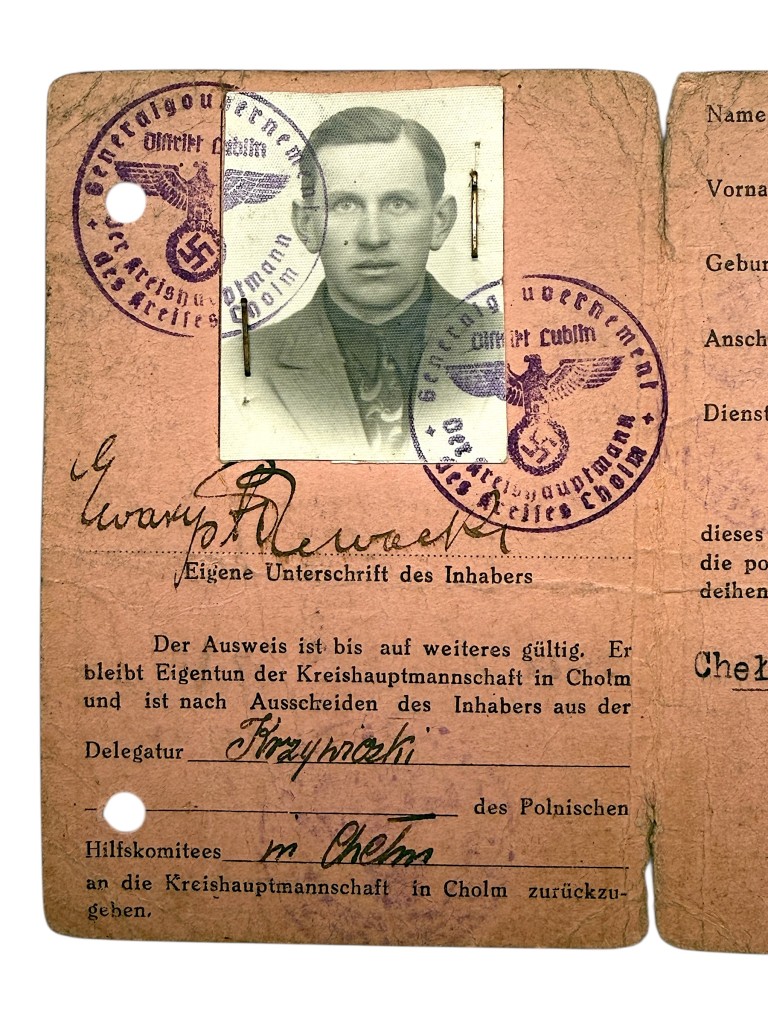 Original WWII German Ausweis / Legitymacja Polnischer Hauptausschuss – Rada Główna Opiekuńcza - Karolinów in Poland