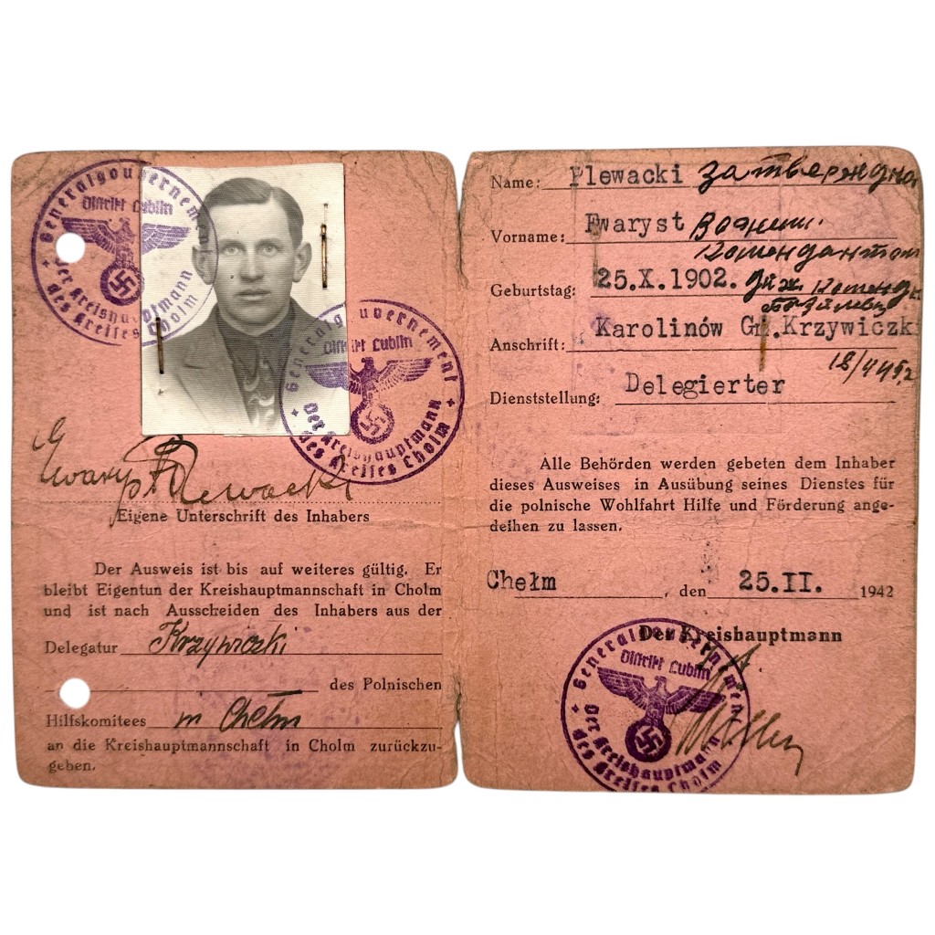 Original WWII German Ausweis / Legitymacja Polnischer Hauptausschuss – Rada Główna Opiekuńcza - Karolinów in Poland