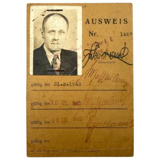 Original 1943 German WWII Ausweis from STRADOM A.G., Tschensstochau (occupied Poland), issued to Jakub Nowakowski, with photo, stamps, signature, and validity extensions – authentic factory ID for WWII Ausweis collectors.