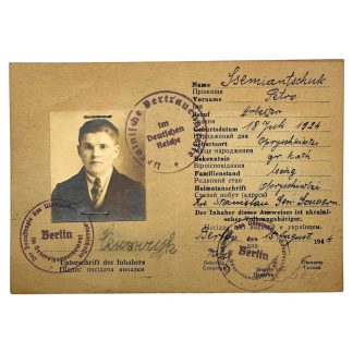 Original 1944 Ausweis / Vykazka No. 480090 issued in Berlin for Petro Isemianchuk, Ukrainian Relief Committee (Ukrainisches Hilfskomitee) identification card with photo, stamps “Ukrainische Vertrauensstelle im Deutschen Reiche – Berlin,” WWII German occupation document, rare Eastern European ID paper collectible for militaria and historical document collectors.