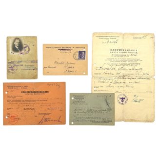 Original WWII German occupation craft document set Warsaw Poland 1940–1944, Antoni Kowalski locksmith dossier, Handwerkskarte 505b, Kreishauptmann Warschau-Land, Marki registration card, Distriktsgruppe Handwerk correspondence, official stamps, passport photo, rare General Government militaria for collectors of Polish occupation documents.