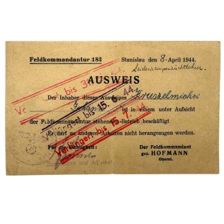 Original WWII German Feldkommandantur 183 in Stanislau Ausweis