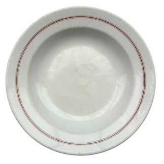 Original 1941 German Kriegsmarine officers porcelain dinner plate, 30 cm diameter, white porcelain with double red rim stripe, underside marked with eagle over “M,” KPM factory stamp and date 1941, authentic WWII naval militaria collectible in good condition.