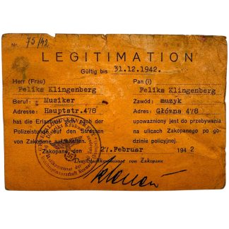 Oryginalna niemiecka Legitimation 1942 Zakopane, dokument policyjny z okresem ważności do 31.12.1942, wystawiony na nazwisko Feliks Klingenberg, muzyk, adres Hauptstrasse / Główna 478. Dwujęzyczny niemiecko-polski ausweis z pieczęcią Der Stadtkommissar von Zakopane (Distrikt Krakau), przepustka na poruszanie się po godzinie policyjnej. Rzadki dokument okupacyjny GG, kolekcjonerskie militaria i dokumenty II wojny światowej.