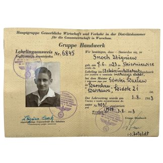 Original WWII German Lehrlingsausweis - Hauptgruppe Gewerbliche Wirtschaft und Verkehr in der Distriktskammer für die Gesamtwirtschaft in Warschau in Poland