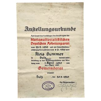Originele Duitse Anstellungsurkunde 1939 NSDAP benoeming Gemeinderat Sulz Vorarlberg met adelaar blinddruk stempel en handtekening, WOII Duits document verzamelobject NSDAP memorabilia.