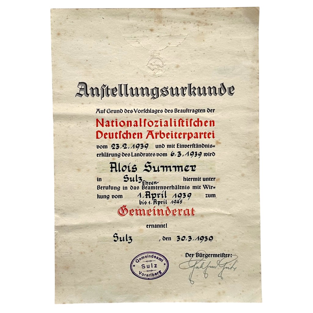 Originele Duitse Anstellungsurkunde 1939 NSDAP benoeming Gemeinderat Sulz Vorarlberg met adelaar blinddruk stempel en handtekening, WOII Duits document verzamelobject NSDAP memorabilia.