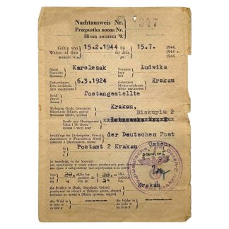 Original WWII German Nachtausweis Krakau (Krakow) in Poland - militaria