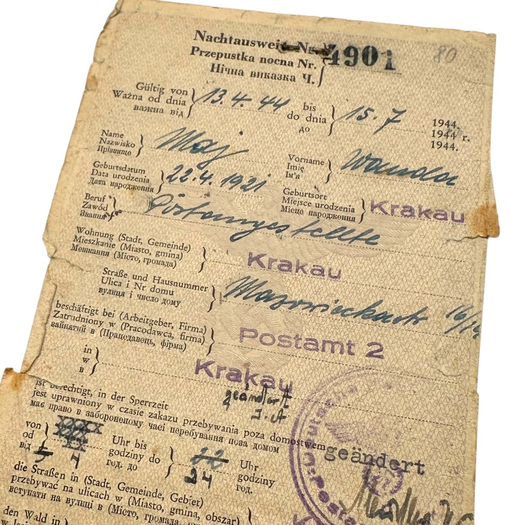 Original WWII German Nachtausweis from Krakow in Poland 1944