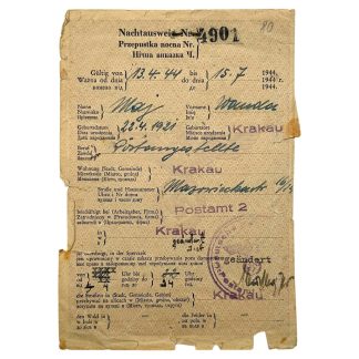 Oryginalna przepustka nocna Nachtausweis nr 4901 Kraków 1944 Maria Wrona Deutsche Post Krakau – autentyczny dokument okupacyjny II wojny światowej dla kolekcjonerów militariów.