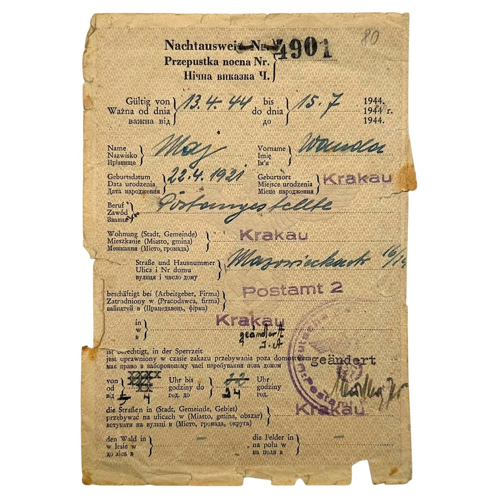 Oryginalna przepustka nocna Nachtausweis nr 4901 Kraków 1944 Maria Wrona Deutsche Post Krakau – autentyczny dokument okupacyjny II wojny światowej dla kolekcjonerów militariów.