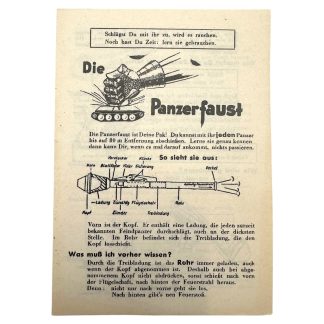 Original WWII German Panzerfaust instruction leaflet February 1945, late-war military manual with technical diagrams and anti-tank weapon training guide for collectors of WWII militaria and German documents