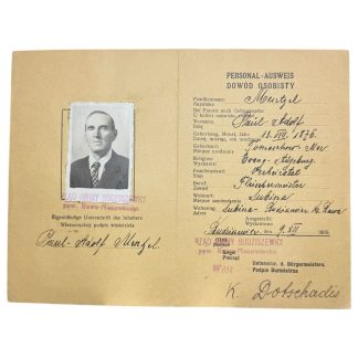 Original WW2 Personal-Ausweis / Dowód Osobisty issued 9 December 1939 in Budziszewice (Rawa Mazowiecka district), German-occupied Poland, to Paul Adolf Mentgel (born 1876 Tomaszów Mazowiecki), with passport photo, signatures, municipal stamps, early war civilian identity document, rare WWII occupation ID card collectible.