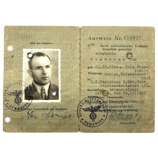 WW2 German Personal-Ausweis 1943 General Government Krakau ID card Jan Cierniak, Nichtdeutsche Verwaltungsdienstangehörige, Reich eagle stamps, Krakow Holzweberstrasse 56/1, occupation administration document with photo, original WWII militaria collectible item.