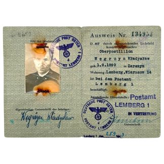 Original WW2 Personal-Ausweis General Government Lemberg 1943–1944, Deutsche Post Osten Postamt Lemberg 1, issued to Władysław Węgrzyn, non-German administrative service ID with photo and official stamps, rare German occupation document, WWII militaria collector’s item.