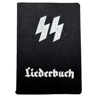 Original German SS Liederbuch Third Reich songbook published by Rasse- und Siedlungshauptamt SS, black cover with SS runes, containing Die Fahne hoch (Horst Wessel Lied), portraits of Adolf Hitler and Heinrich Himmler – WWII SS militaria collectible