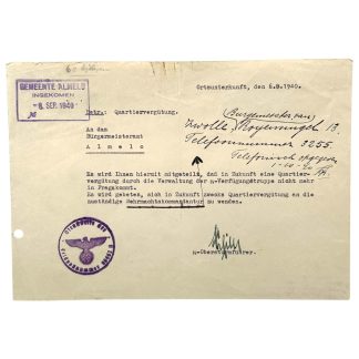 Origineel Duits bezettingsdocument uit 6 augustus 1940 betreffende Quartiervergütung, gericht aan Bürgermeisteramt Almelo, ondertekend door SS-Obersturmführer en voorzien van Wehrmacht- en Gemeente Almelo stempels – zeldzaam Tweede Wereldoorlog militaria document voor verzamelaars van Duitse bezettingsadministratie en WO2 archiefstukken.