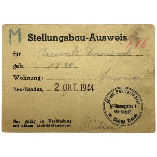 WW2 German Stellungsbau-Ausweis 1944 Neu-Sandez Nowy Sącz SS- und Polizeiführer stamp, Gumowski Stanisław Łącko, General Government Krakau district fortification construction pass, original WWII military work permit document, rare occupation paper collectible item