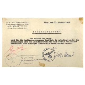 Origineel Duits bezettingsdocument uit de late fase van de Tweede Wereldoorlog, gedateerd Den Haag, 11 januari 1945, uitgegeven door de Beauftragte des Reichskommissars voor de provincie Zuid-Holland.