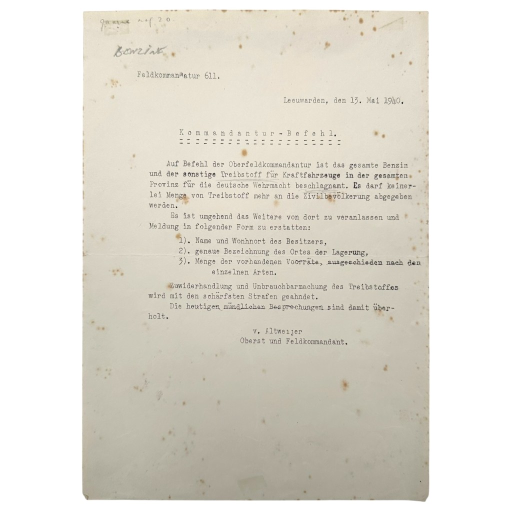 Original WWII German document Leeuwarden (Friesland)