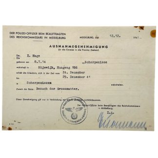 Origineel Duits WO2 bezettingsdocument d.d. 12 december 1941 uit Middelburg, uitzonderingstoestemming (Ausnahmegenehmigung) voor inreis provincie Zeeland, met officiële Ordnungspolizei stempel en rijksadelaar, persoonsgebonden reisvergunning voor Scherpenisse en Rijswijk, authentiek Tweede Wereldoorlog document voor verzamelaars.