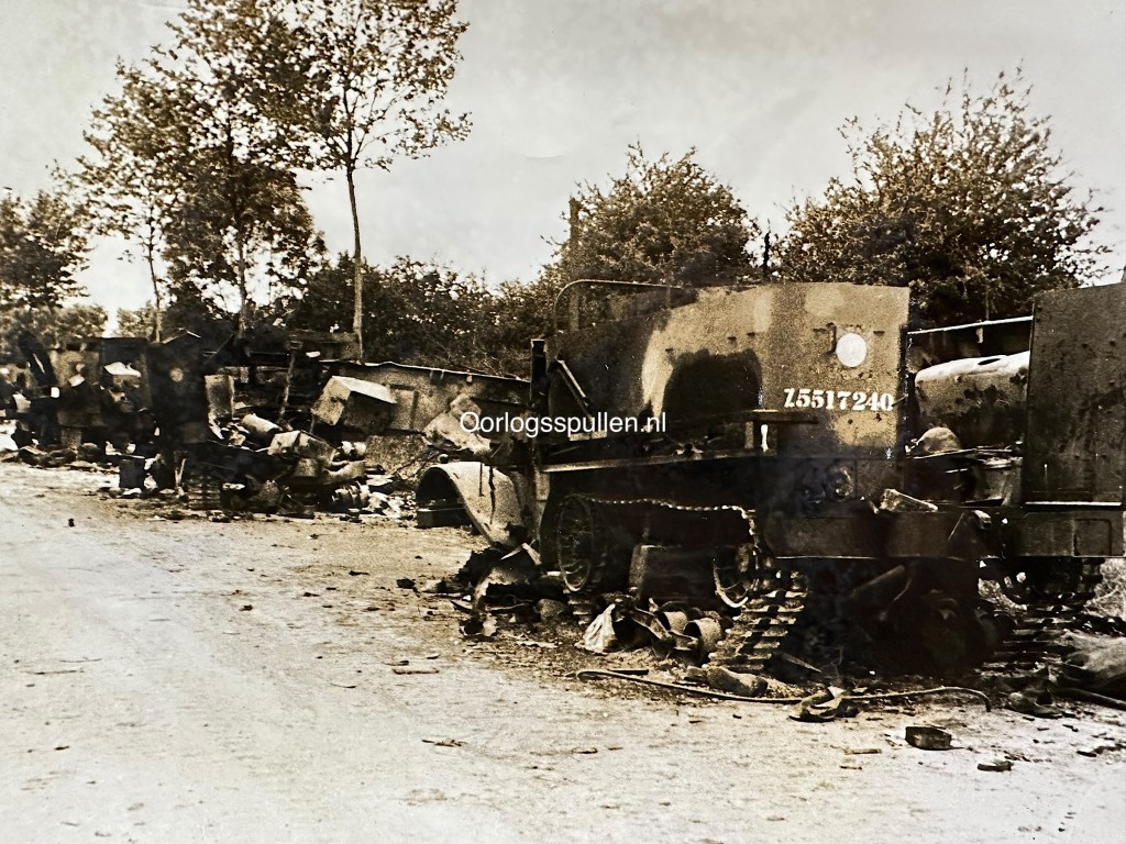 Battle of Normandy 1944 photo of destroyed Allied vehicles near Caen, original German WWII press photograph 24 x 18 cm with typed caption on reverse, collectible for D-Day and Normandy 1944 collectors.