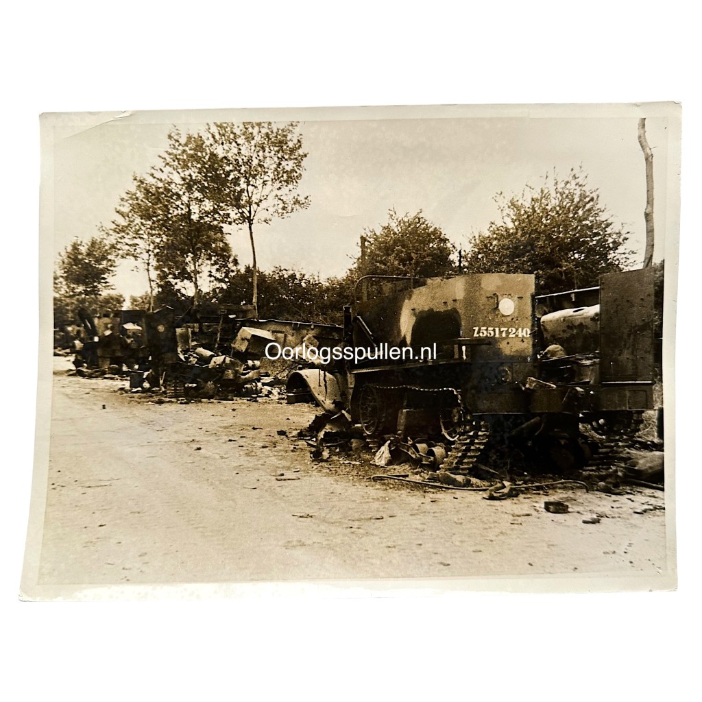 Battle of Normandy 1944 photo of destroyed Allied vehicles near Caen, original German WWII press photograph 24 x 18 cm with typed caption on reverse, collectible for D-Day and Normandy 1944 collectors.