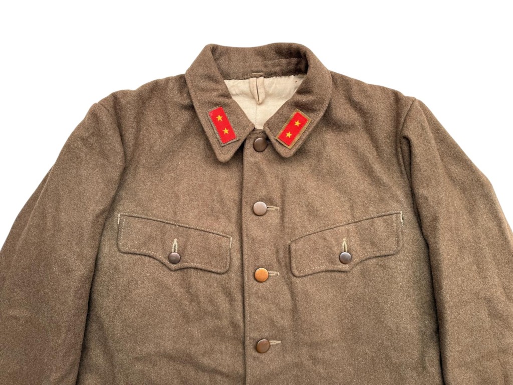 Original WWII Japanese Army Type 98 winter uniform jacket 1943 with collar rank tabs, interior stamps and markings, Imperial Japanese military field tunic collectible militaria