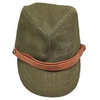 Original 1945 Japanese civilian field cap WWII home front factory worker cap with leather strap and label. Rare Japanese WWII militaria collectible.