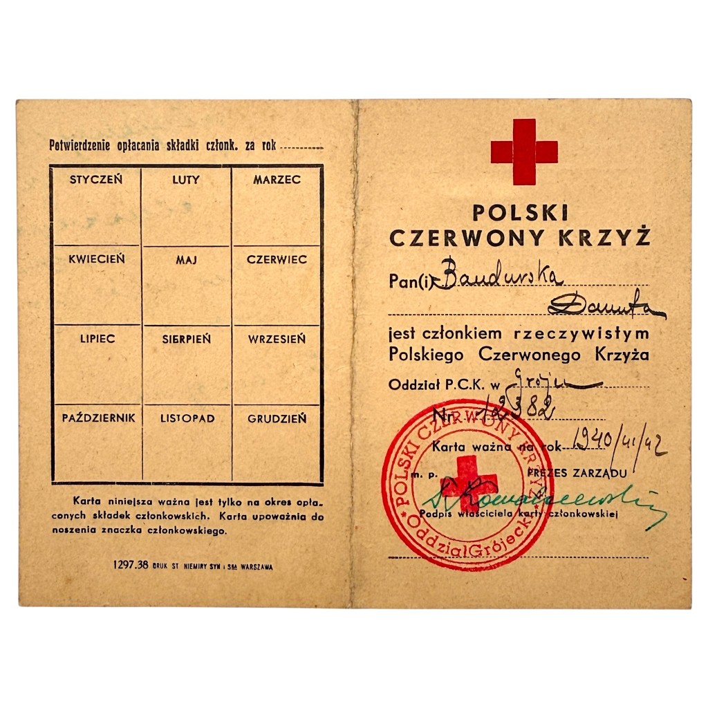 Original WWII Polish Red Cross (Polski Czerwony Krzyż – PCK) membership card issued to Danuta Dandurska, Grojec branch 1940–1942, with official round stamp, handwritten signature and 50 groszy contribution stamps – authentic Generalgouvernement occupation document, rare historical collectible for WWII document and militaria collectors.