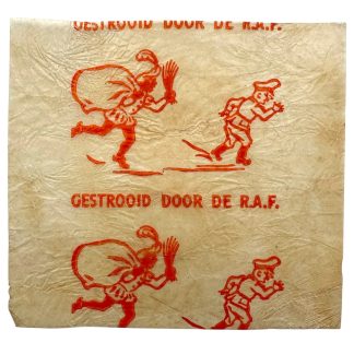 Original WWII RAF propaganda candy wrapper dropped over the Netherlands, “Gestrooid door de R.A.F.” leaflet with Sinterklaas Piet chasing German soldier, rare airborne propaganda militaria collectible.