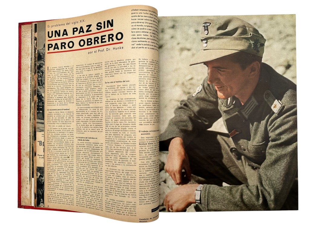 Edición en español de la revista Signal de 1943, colección anual completa encuadernada en dos tomos en tela roja con título dorado en el lomo – publicación propagandística alemana original de la Segunda Guerra Mundial que incluye cobertura del Frente Oriental, unidades de artillería, operaciones militares, figuras políticas y abundante fotografía de guerra en blanco y negro y en color, altamente coleccionable para coleccionistas de revistas de la Segunda Guerra Mundial en español y militaria histórica.
