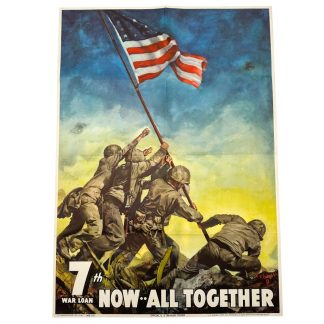 Original 1945 7th War Loan WWII poster featuring U.S. Marines raising the American flag at Iwo Jima, official U.S. Treasury Department war bonds propaganda print (WFD 11A), Government Printing Office issue, World War II American military poster collectible for advanced WWII collectors.