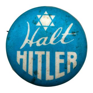 Original WWII American Jewish anti-Hitler button “Halt Hitler” with Star of David, blue and white protest pin, World War II Allied propaganda badge, vintage Jewish resistance memorabilia USA, anti-Nazi political button 1940s, rare collectible for WWII militaria and historical pin collectors.