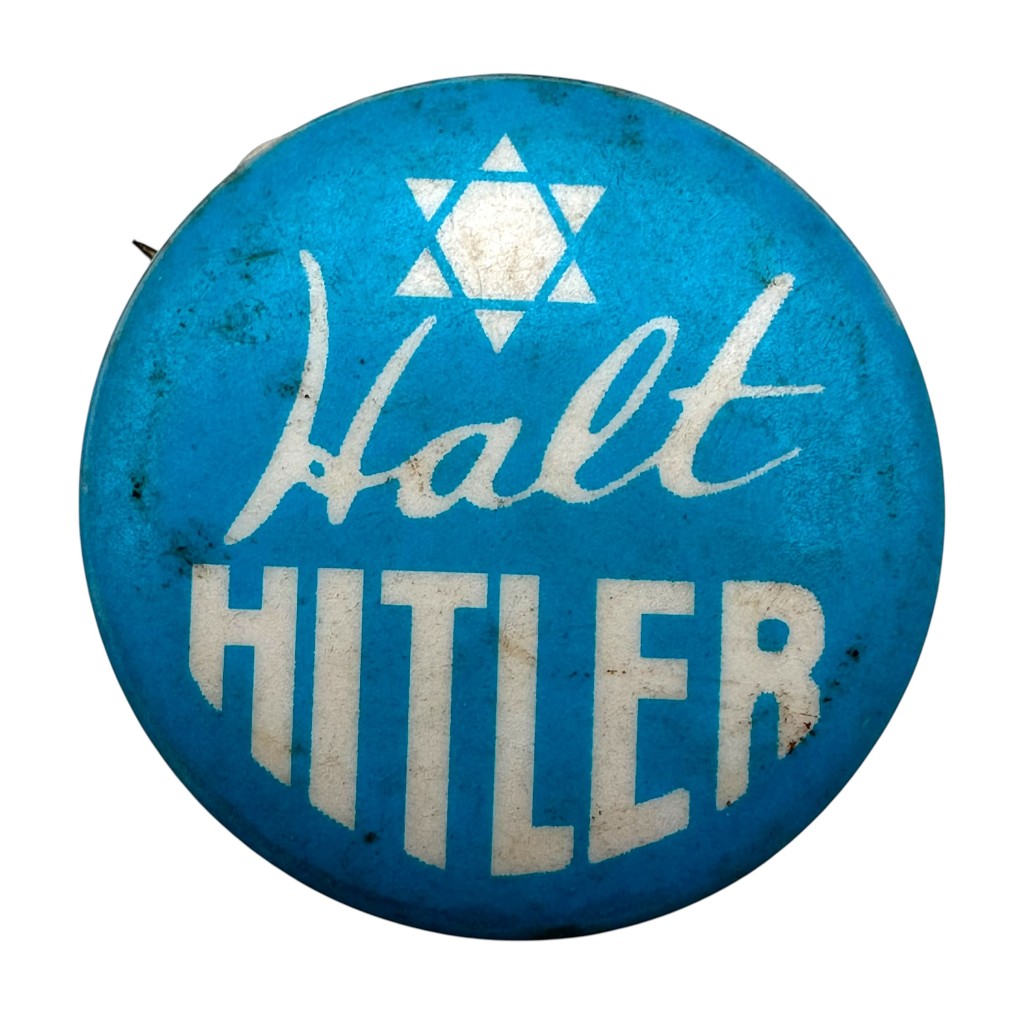 Original WWII American Jewish anti-Hitler button “Halt Hitler” with Star of David, blue and white protest pin, World War II Allied propaganda badge, vintage Jewish resistance memorabilia USA, anti-Nazi political button 1940s, rare collectible for WWII militaria and historical pin collectors.