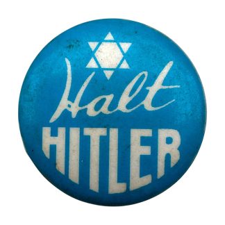 Original WWII American Jewish anti-Hitler button “Halt Hitler” with Star of David, blue and white protest pin, World War II Allied propaganda badge, vintage Jewish resistance memorabilia USA, anti-Nazi political button 1940s, rare collectible for WWII militaria and historical pin collectors.