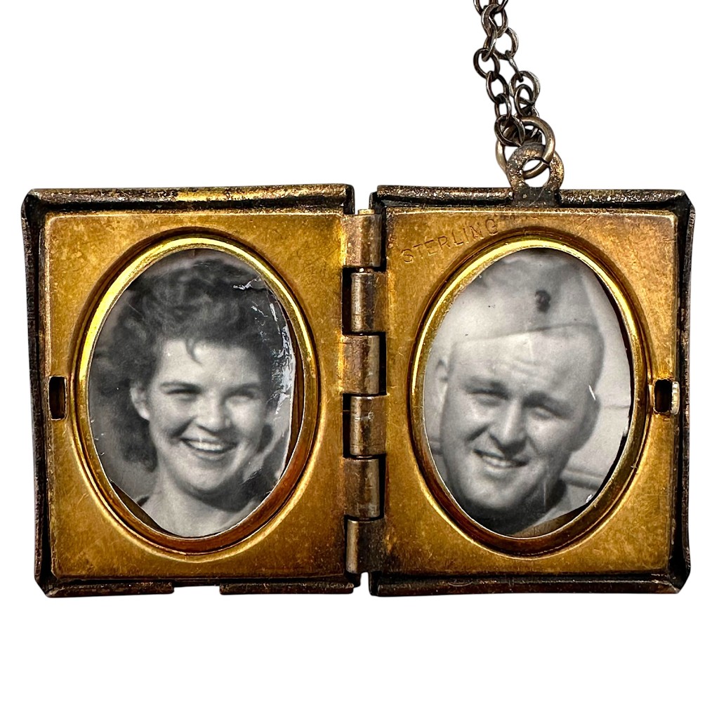 WWII USMC sterling silver locket necklace with mother of pearl inlay, Eagle Globe and Anchor emblem, original World War II United States Marine Corps jewelry, vintage Marine sweetheart pendant with photos, authentic USMC memorabilia for WWII militaria collectors.