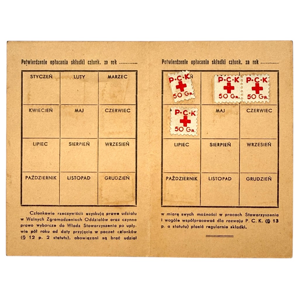 Original WWII Polish membership card Polski Czerwony Krzyż (PCK) – Polish Red Cross in Grójec in 1940