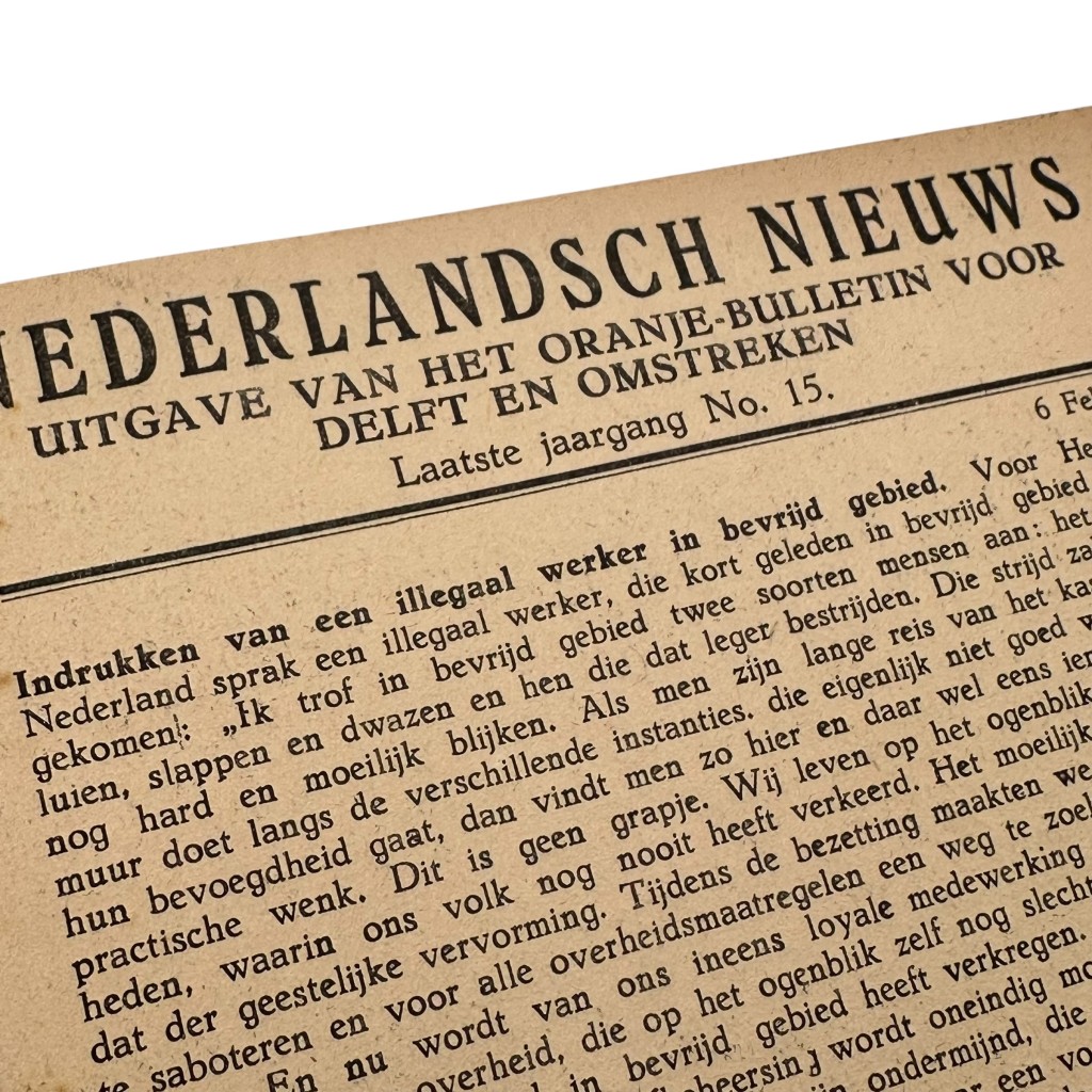 Originele illegale verzetskrant “Nederlandsch Nieuws” (6 februari 1945), Delft – Tweede Wereldoorlog ondergrondse uitgave Oranje-bulletin met berichten uit Den Haag, Jutphaas, Groningen en Friesland, zeldzaam WO2 verzetsdrukwerk voor verzamelaars uit Delft.