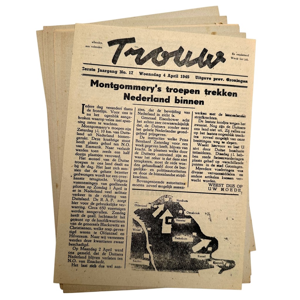 Originele Nederlandse verzetskrant Trouw van 4 april 1945, illegale ondergrondse uitgave verspreid in Groningen met kop “Montgomery’s troepen trekken Nederland binnen” – authentieke Tweede Wereldoorlog resistance newspaper, zeldzaam exemplaar voor verzamelaars van Nederlandse verzetskranten en WOII verzet memorabilia.