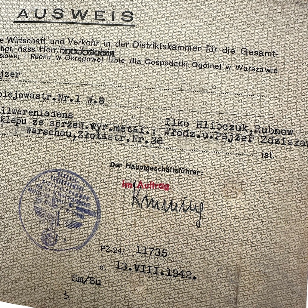 Original WWII German Ausweis from occupied Poland - Hauptgruppe Gewerbliche Wirtschaft und Verkehr in Warsaw - Image 4