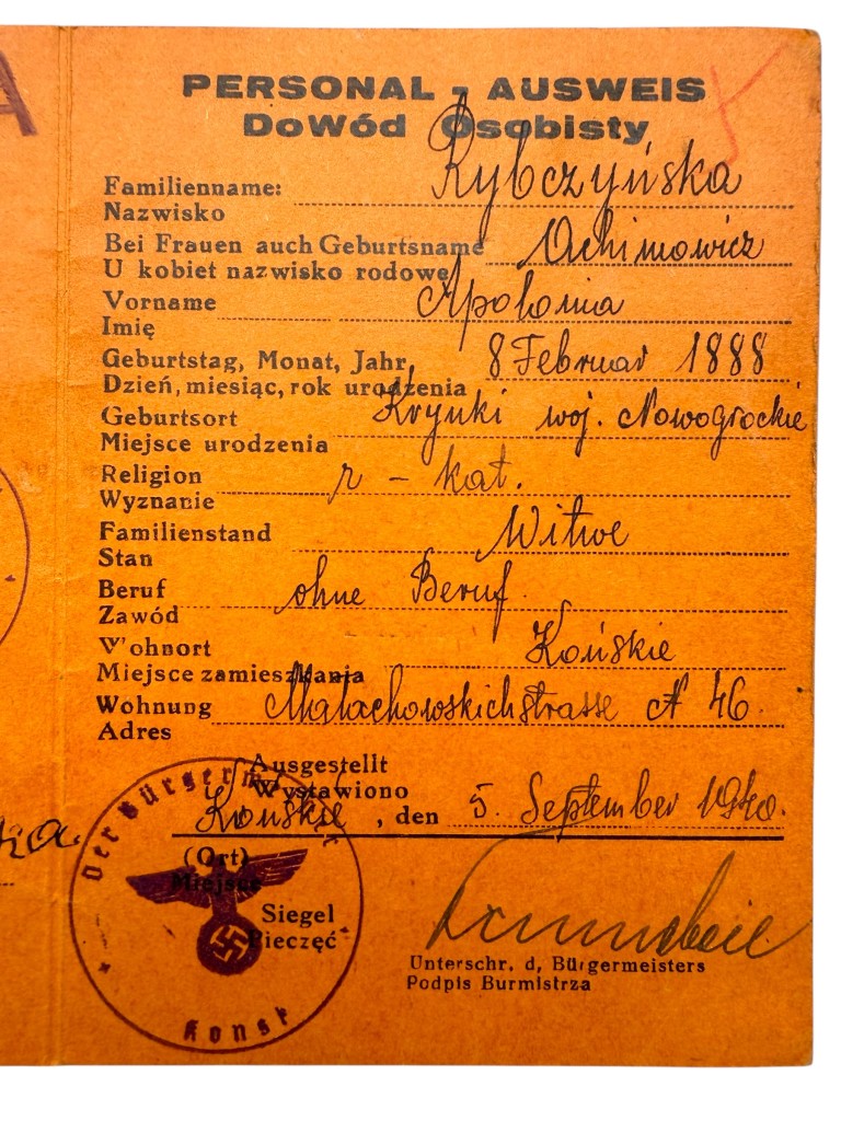 Original WWII German - Polish Ausweis Końskie in Poland 1940 - Image 3
